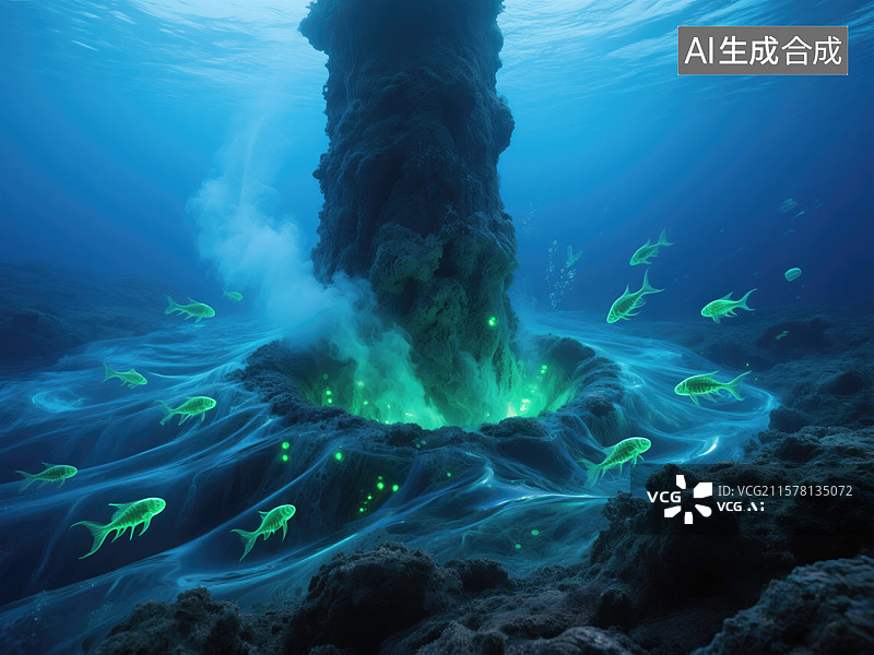 【AI数字艺术】深海热液喷口抽象商业背景矿物烟囱与生物发光浮游生物钴蓝与翠绿色调灵感源自科学微距摄影图片素材