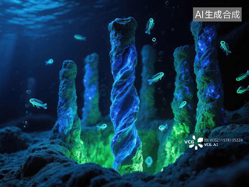 【AI数字艺术】深海热液喷口抽象商业背景矿物烟囱与生物发光浮游生物钴蓝与翠绿色调灵感源自科学微距摄影图片素材