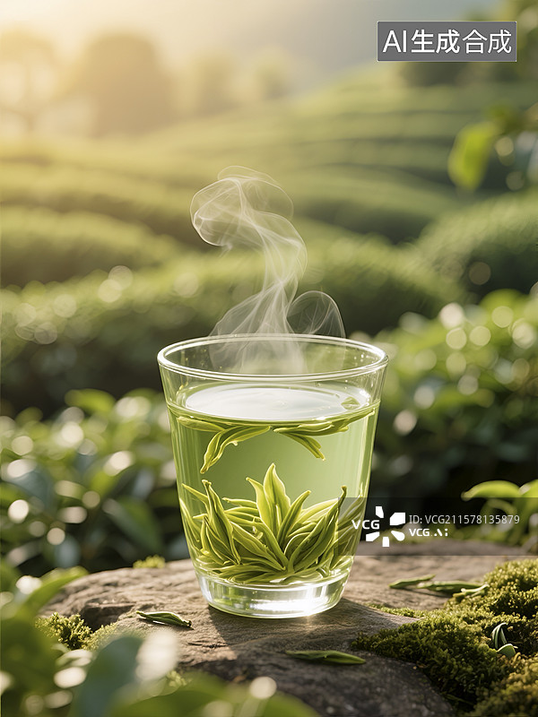 【AI数字艺术】以茶园为背景的木桌上装着嫩绿茶叶的透明茶杯图片素材