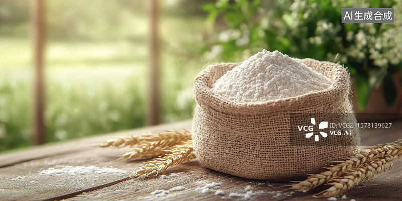 【AI数字艺术】木桌上麻袋中的麦穗与面粉图片素材