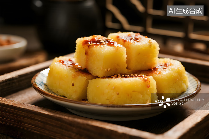 【AI数字艺术】传统小吃黄米糕 精致的中式糕点图片素材