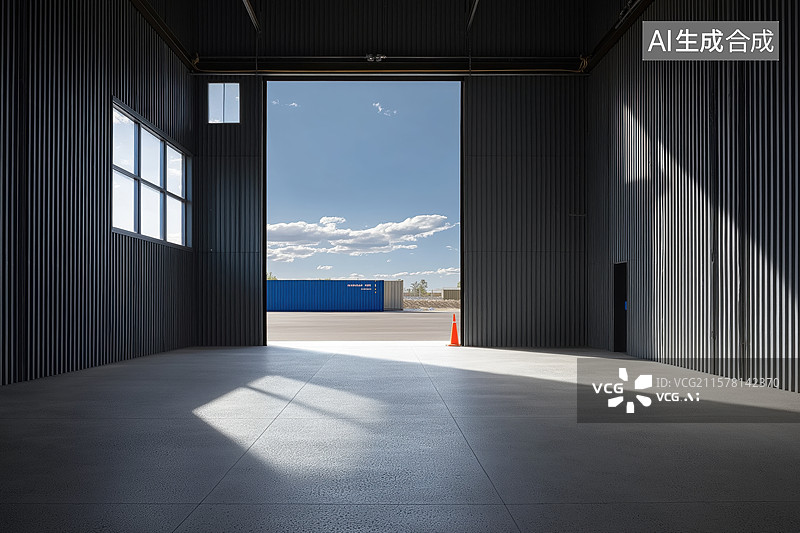 【AI数字艺术】工业建筑内部，开阔门洞通向蓝天图片素材