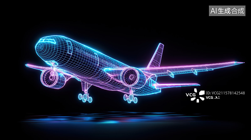 【AI数字艺术】数字霓虹灯飞机图片素材