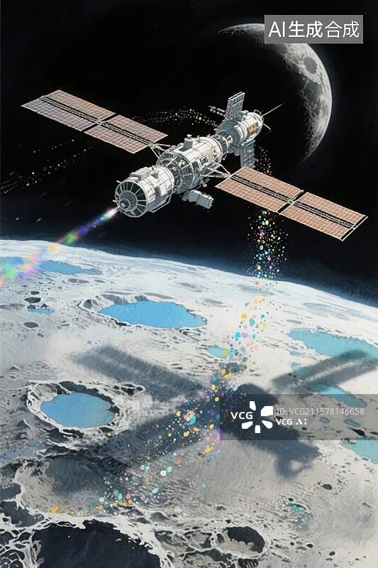 【AI数字艺术】月球轨道上的空间站图片素材