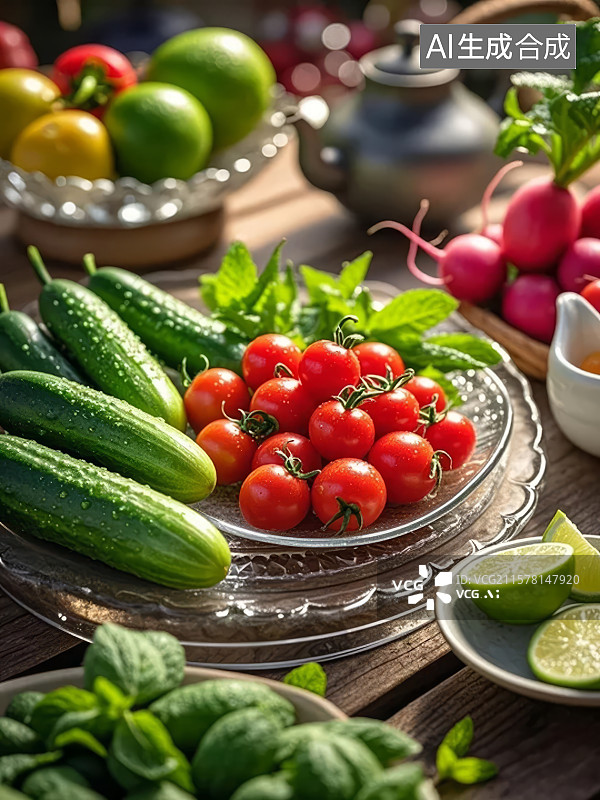 【AI数字艺术】新鲜蔬菜水果静物摆拍图片素材