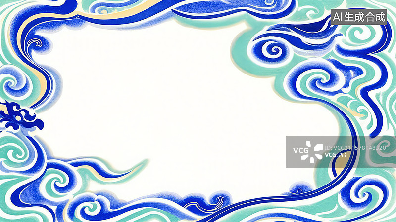 【AI数字艺术】蓝色波浪纹装饰边框图片素材