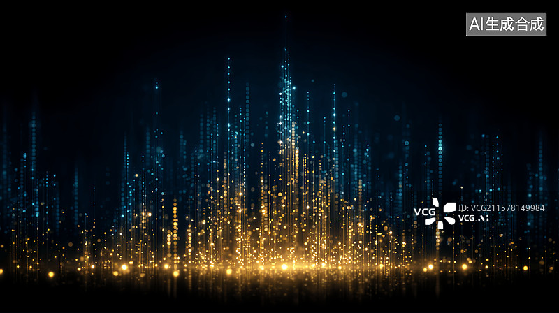 【AI数字艺术】闪亮智慧城市天际线摩天大楼粒子轮廓商务科技背景图片素材
