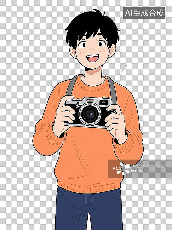 【AI数字艺术】手拿相机拍照的男孩图片素材