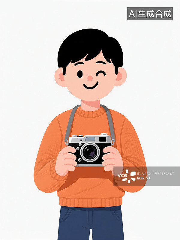 【AI数字艺术】卡通风格开心男性人物拿着相机拍照形象图片素材