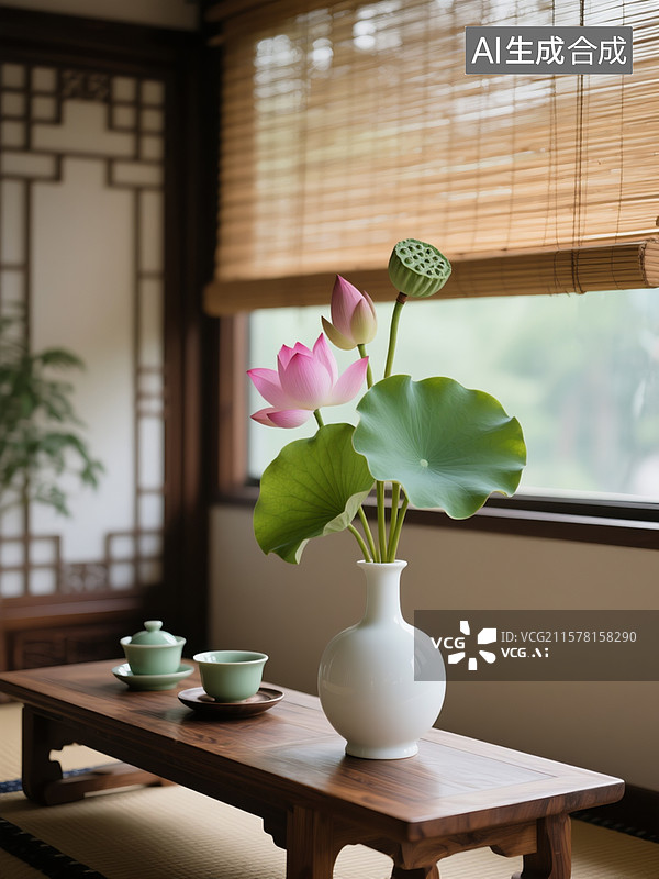 【AI数字艺术】中式茶室，竹帘半卷，檀木茶案配青瓷茶具，茶香与荷香交织，白瓷瓶插荷花与莲叶，点缀莲蓬。图片素材