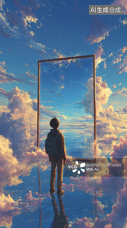 【AI数字艺术】云端之门：少年的奇幻探索图片素材