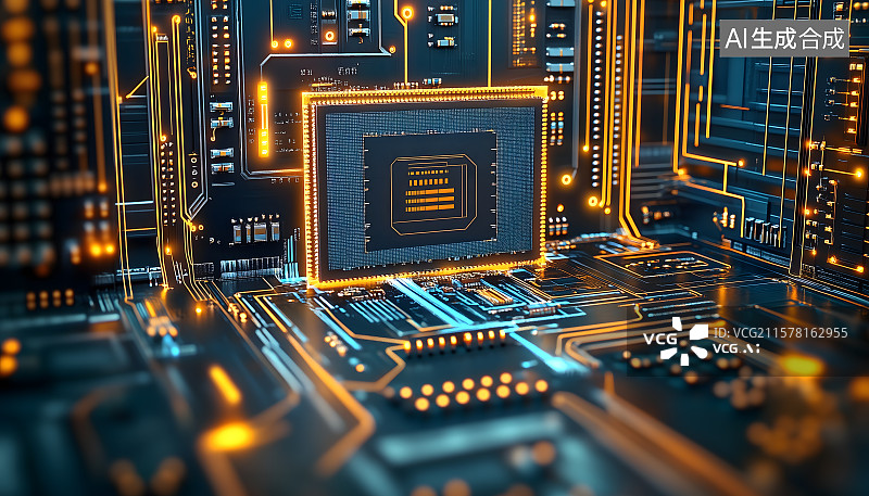 【AI数字艺术】AI大模型芯片互联网电路板设计素材科技蓝背景芯片数据信息，探索芯片科技之美，创意背景融合汉字魅力图片素材