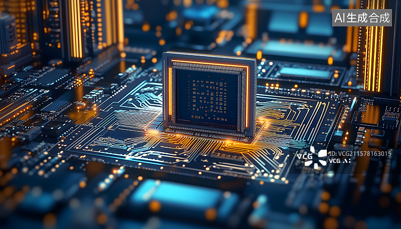 【AI数字艺术】AI大模型芯片互联网电路板设计素材科技蓝背景芯片数据信息，探索芯片科技之美，创意背景融合汉字魅力图片素材
