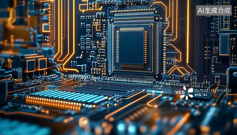 【AI数字艺术】AI大模型芯片互联网电路板设计素材科技蓝背景芯片数据信息，探索芯片科技之美，创意背景融合汉字魅力图片素材