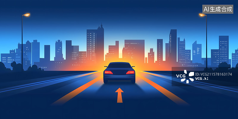 【AI数字艺术】深夜城市公路行驶，汽车逃离城市图片素材