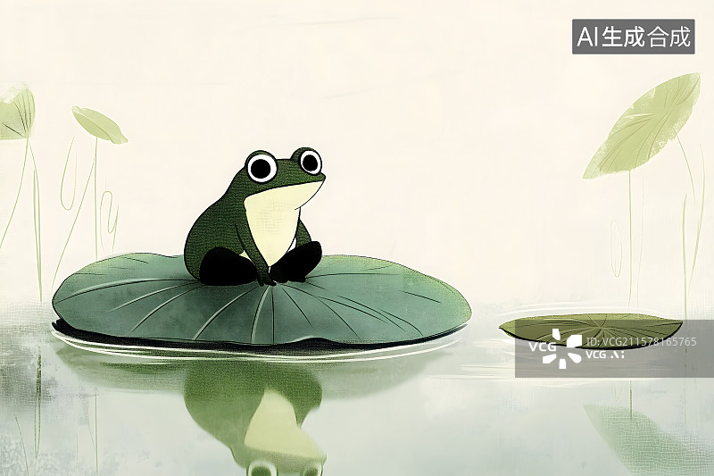 【AI数字艺术】一只小青蛙坐在一片宽大的荷叶上，倒影映在静静的池塘里，唯美卡通插画图片素材