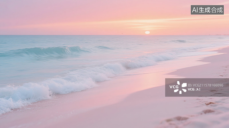 【AI数字艺术】粉色沙滩的温柔日落图片素材