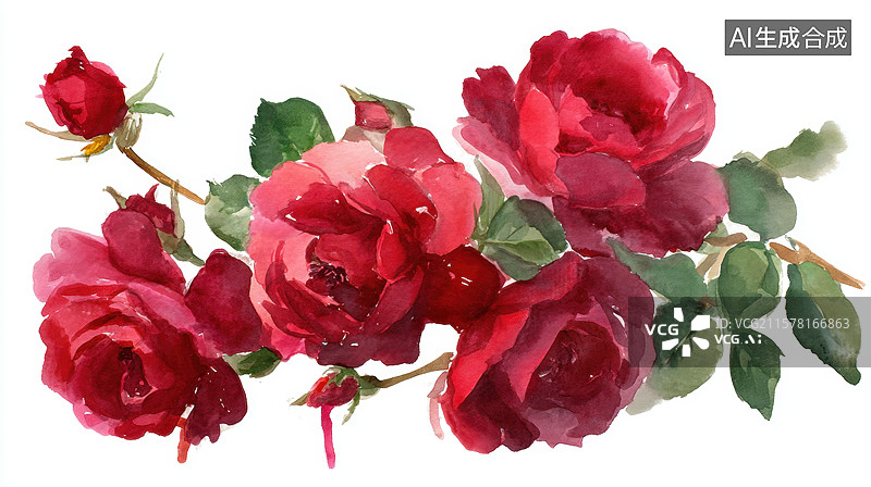 【AI数字艺术】红色玫瑰花的水彩画图片素材