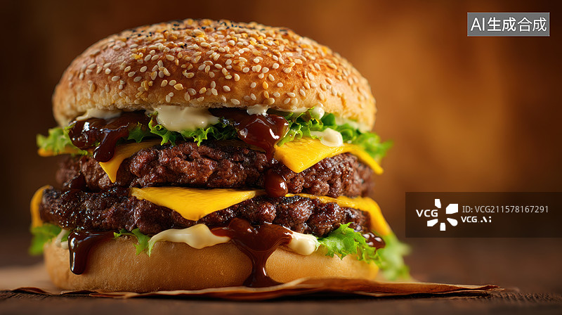 【AI数字艺术】双层芝士汉堡，配以生菜和酱料图片素材