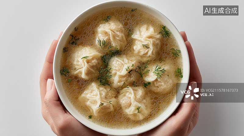 【AI数字艺术】双手捧着一碗热气腾腾的馄饨图片素材