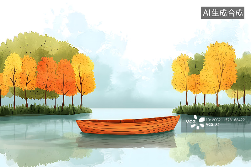 【AI数字艺术】一艘孤独的小木船静静漂浮在春日湖面上，唯美卡通插画图片素材