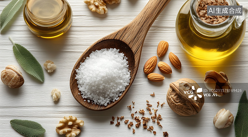 【AI数字艺术】不同食物在白木背景图片素材