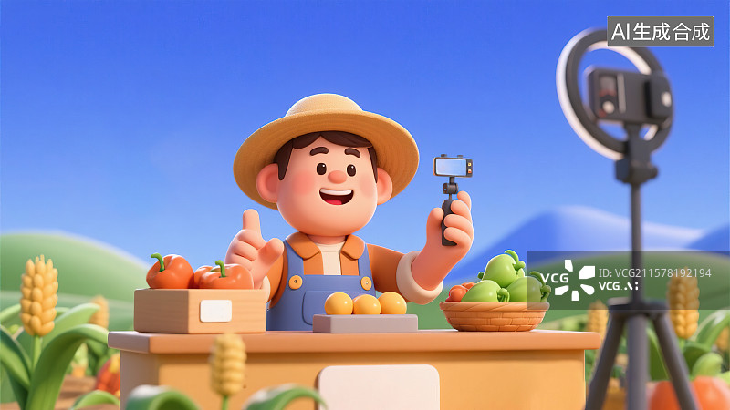【AI数字艺术】农副产品新鲜水果蔬菜销售农民线上直播购物现代电商助力农业发展活动宣传海报模板卡通3D三维立体渲染背景图片素材
