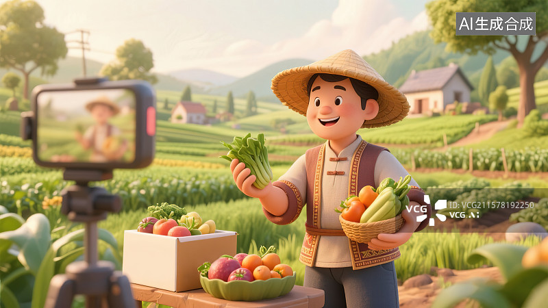 【AI数字艺术】农副产品新鲜水果蔬菜销售农民线上直播购物现代电商助力农业发展活动宣传海报模板卡通3D三维立体渲染背景图片素材