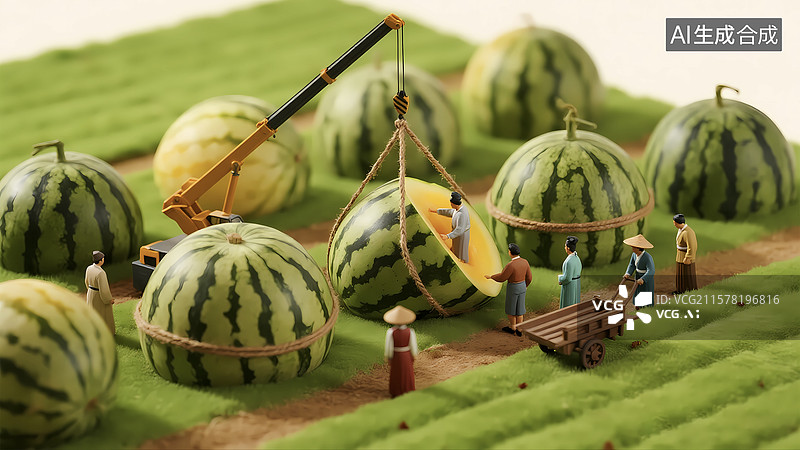【AI数字艺术】微距黄心西瓜果园运输夏天趣味场景图片素材
