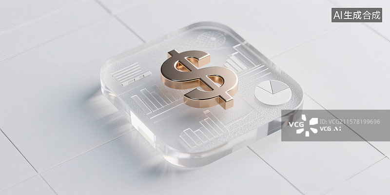 【AI数字艺术】金属美元符号图表板 3D金融理财投资保险存钱诚信交易购物消费银行股市贸易市场主题三维立体渲染图标概念图片素材