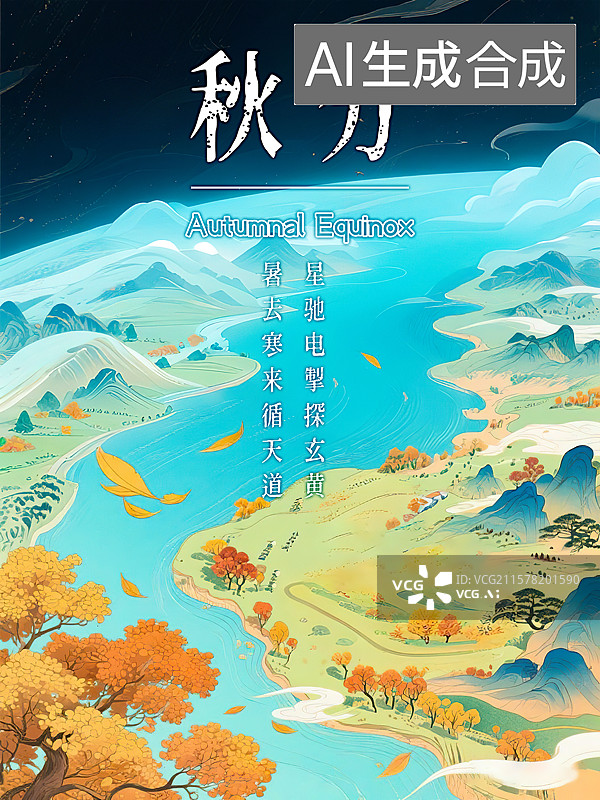 【AI数字艺术】秋分秋天24节气自然风景创意海报模板 宇宙太空航天空间站俯瞰地球大地视角 新国风手绘插画风格星空背景图片素材