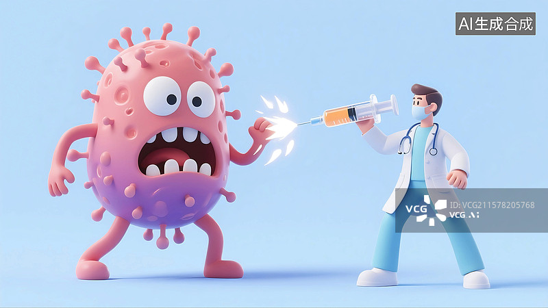 【AI数字艺术】3D立体三维C4D一个医生拿着针筒注射器抗击细菌病菌图片素材