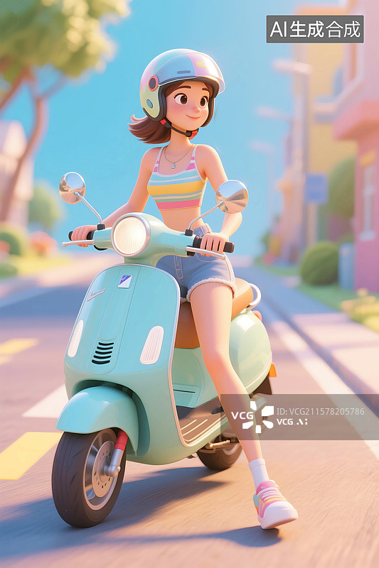 【AI数字艺术】3D立体三维C4D一个很酷美女骑着摩托车行驶在路上图片素材