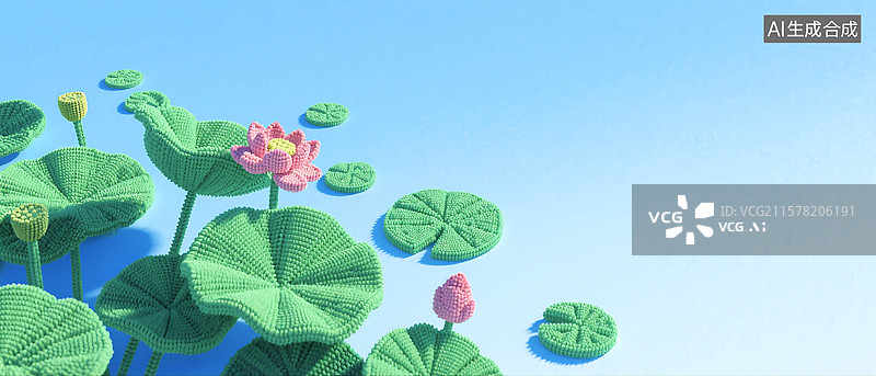 【AI数字艺术】3D立体三维C4D钩针风格纺织品羊毛线编织毛毡制品夏天夏至立夏小暑大暑池塘荷叶荷花图片素材