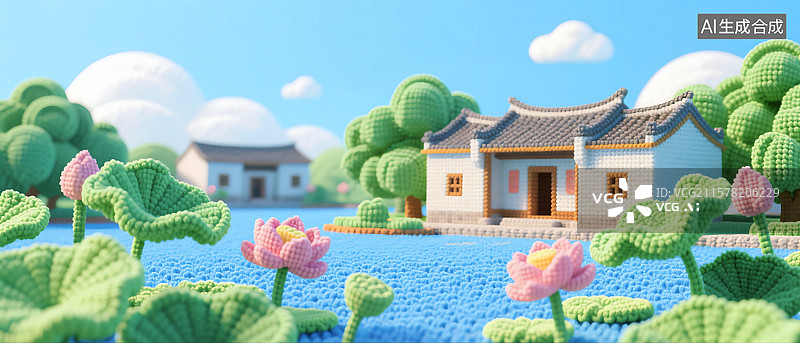 【AI数字艺术】3D立体三维C4D钩针风格纺织品羊毛线编织毛毡制品夏天夏至立夏小暑大暑天空云朵树木池塘荷叶荷花房屋图片素材