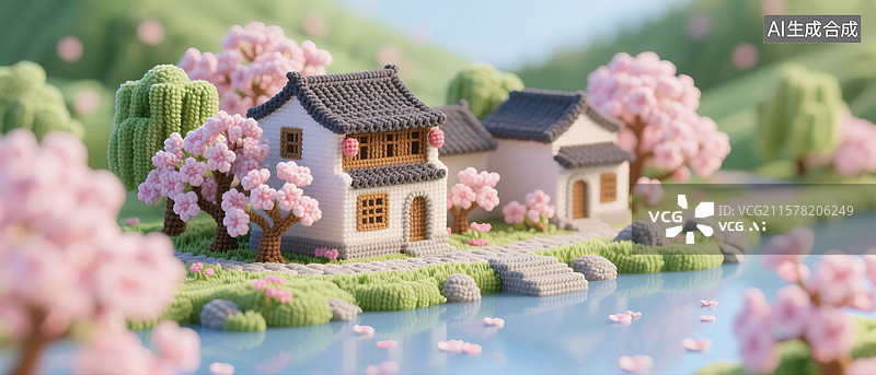 【AI数字艺术】3D立体三维C4D钩针风格纺织品羊毛线编织毛毡制品春天春分立春江南水乡房屋河流樱花树木图片素材