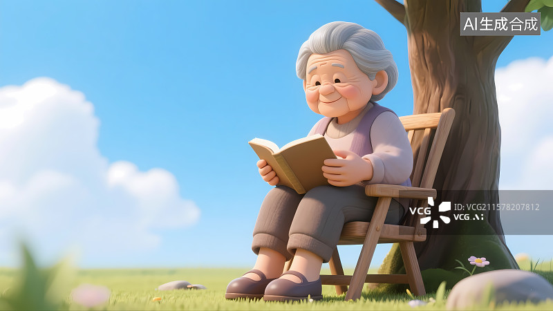 【AI数字艺术】树下坐在椅子上看书的老奶奶3D卡通壁纸插画图片素材
