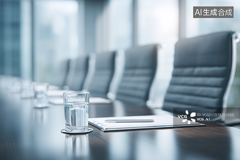 【AI数字艺术】会议室会议桌摆放水杯、文件，整洁专业的环境，呈现商务洽谈与职场会议准备的办公场景图片素材