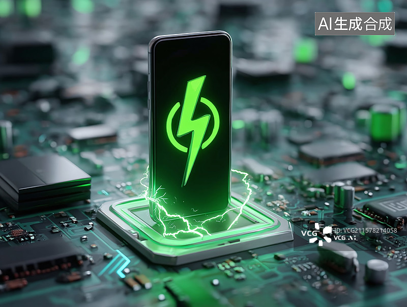 【AI数字艺术】手机在电路板上绿色闪电充电，展现智能科技的快充技术与新能源创新的电子电路场景图片素材