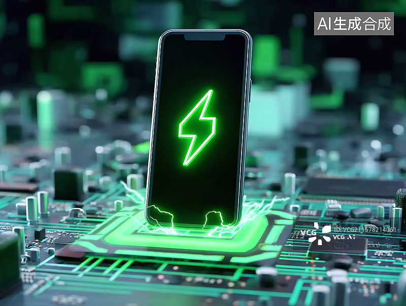 【AI数字艺术】手机在电路板上绿色闪电充电，展现智能科技的快充技术与新能源创新的电子电路场景图片素材