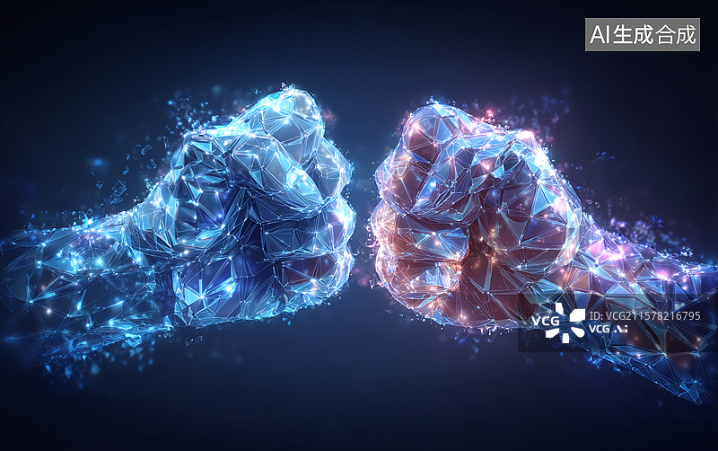 【AI数字艺术】粒子特效构成拳头碰撞，展现力量对决与能量碰撞，传递未来科技感的抽象艺术设计画面图片素材