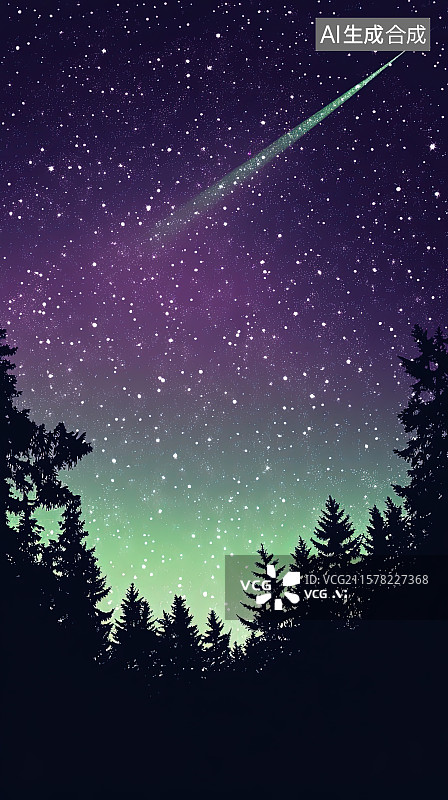 【AI数字艺术】扁平简约风格星空银河森林自然风景紫色背景插画图片素材