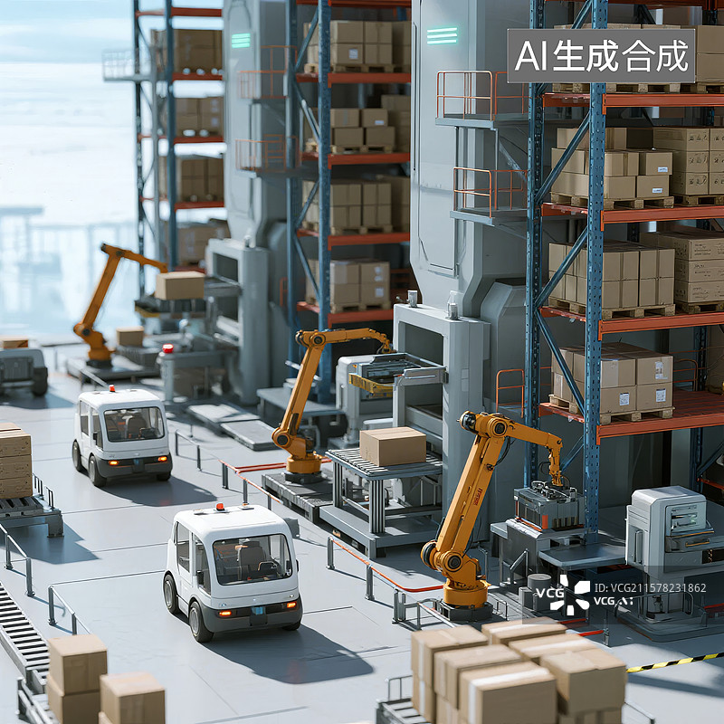 【AI数字艺术】自动化仓库内部运作场景图片素材