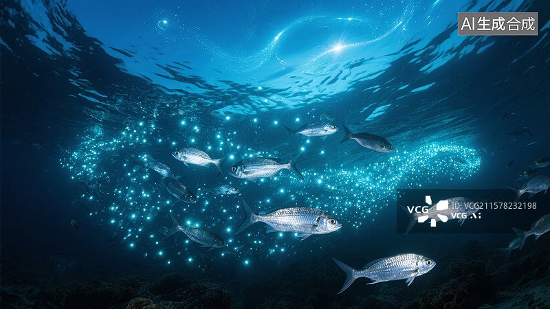 【AI数字艺术】深海鱼群与发光浮游生物图片素材