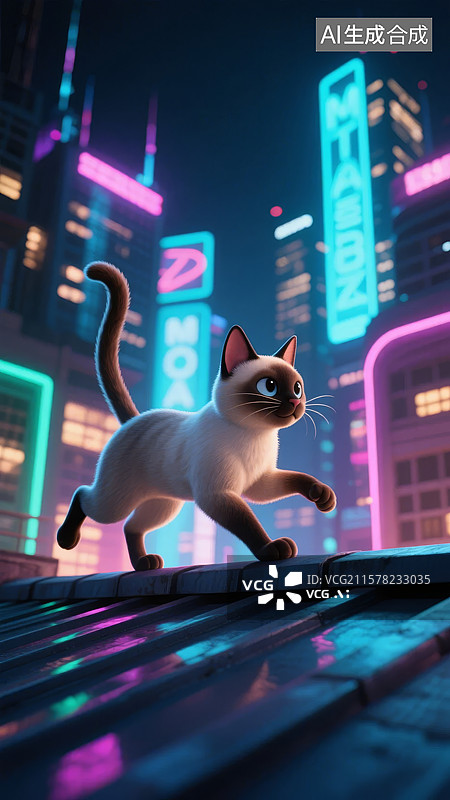 【AI数字艺术】夜景中奔跑的猫咪图片素材