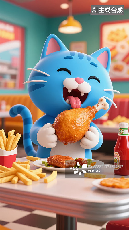 【AI数字艺术】蓝色猫咪享受炸鸡与薯条图片素材