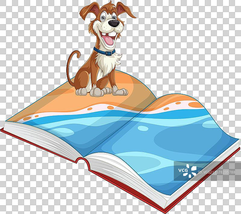 快乐的狗坐在一本打开的书上图片素材