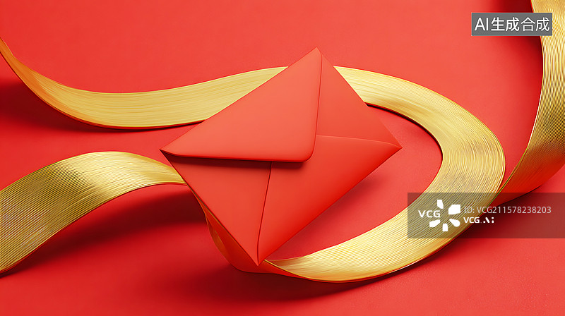 【AI数字艺术】AIGC：红色背景上的信封和金色丝带 请柬 高考录取通知书海报设计背景图片素材