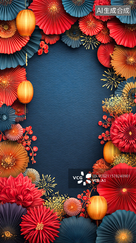 【AI数字艺术】夏日夜晚烟花祭典主题纸雕背景图片素材