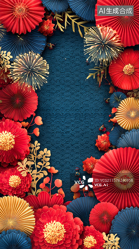 【AI数字艺术】夏日夜晚烟花祭典主题纸雕背景图片素材